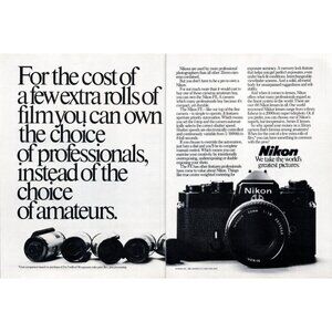 1981 Nikon FE SLR Film Camera 2 Page Vintage Print Ad Photographer Wall Art